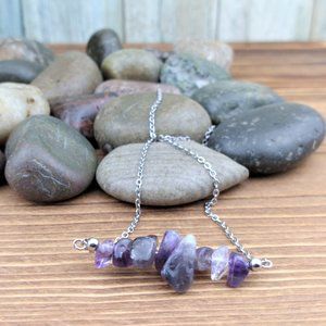 Amethyst Chip Nugget Bar Charm Stainless Steel Chain Necklace